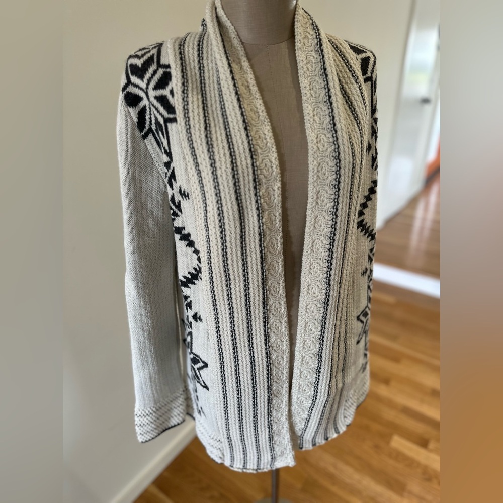 Ecote Women Ivory Black Swirl Open Front Shawl Cardigan Sweater Size S